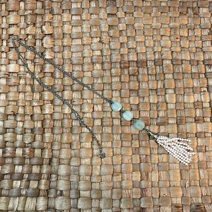Talbots Light Blue and White Beaded Tassel Necklace